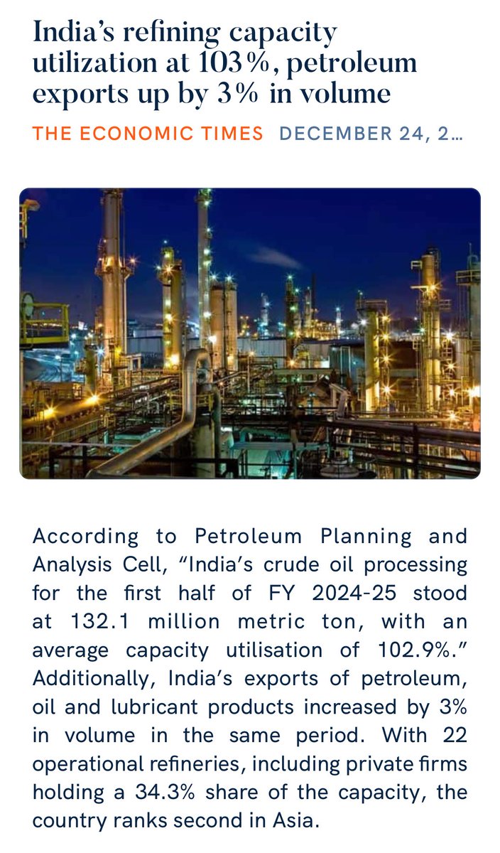 iamyash76's tweet photo. India’s refining capacity utilization at 103%, petroleum exports up by 3% in volume
 https://t.co/U4kcJIJ1tB

via NaMo App https://t.co/qEWoc1eFrT