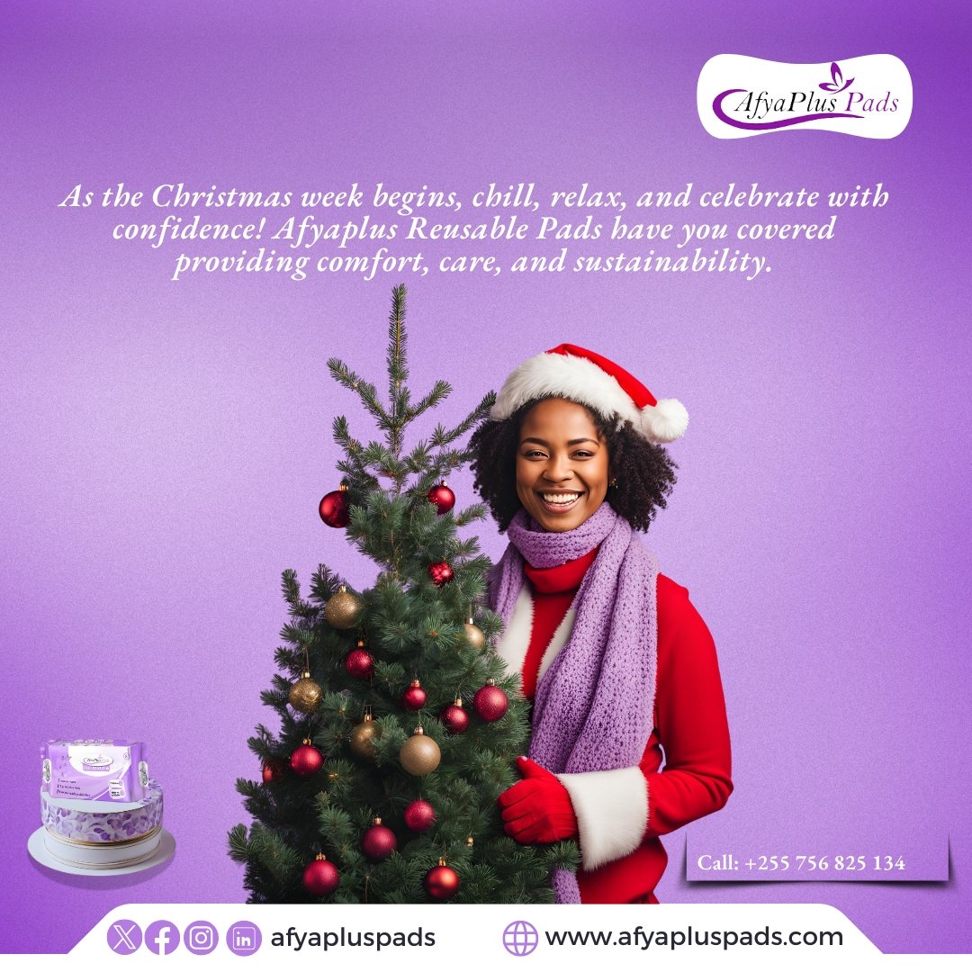 Afyapluspads's tweet photo. As the Christmas 🎄 week begins, chill, relax, and celebrate with confidence! Afyaplus Reusable Pads have you covered providing comfort, care, and sustainability. 💜  

Choose comfort. Choose sustainability. Choose Afyaplus.

#AfyaplusPads #SustainablePeriods #JALI #Afyaplus https://t.co/DsW1SQqBh7