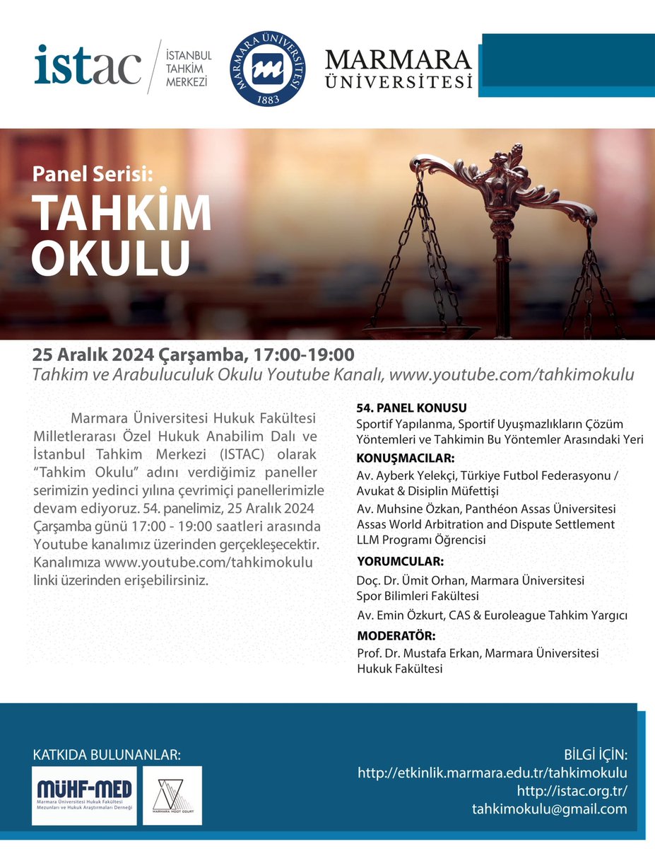 Tahkim Okulu’nun 54. Panelinden herkese merhaba!

Bu ay Sportif Yapılanma, Sportif Uyuşmazlıkların Çözüm Yöntemleri ve Tahkimin Bu Yöntemler Arasındaki Yeri’ni konuşacağız.