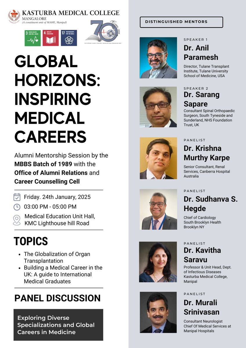KMC_Mangalore's tweet photo. Join us for an #AlumniMentorship Session hosted by the MBBS Batch of 1989 in collaboration with the Office of Alumni Relations and Career Counselling Cell, #KMCMangalore.
Register Now: https://t.co/oft8nQ9KYt
#GlobalMedicalCareers #MedicalLeadership #KMCAlumni https://t.co/yEfGTKKQvd
