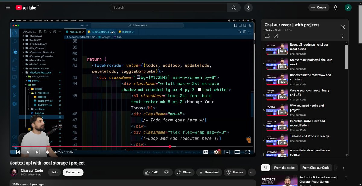 Amarnath_S_S's tweet image. Completed React Hooks and React Router earlier. Today, I dived into Context API in React and worked on a theme changer &amp;amp; a to-do list project using it. Loving the journey with #CodeAurChai and #CodeAurReact! 🚀 #ReactJS #WebDevelopment