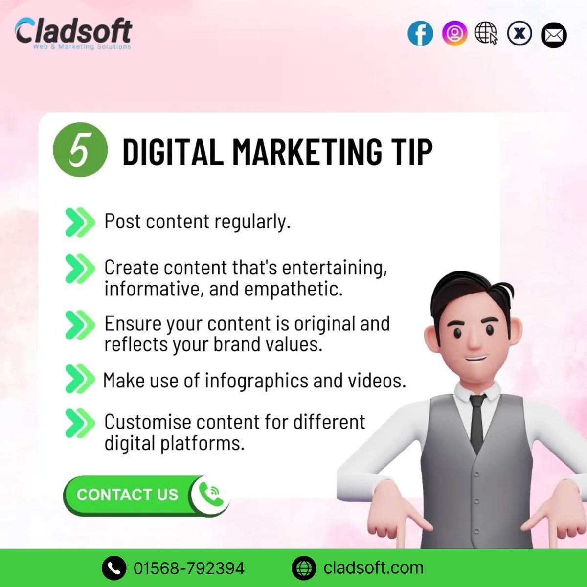 cladsoft's tweet photo. Ready to level up your business? Here are 4 expert tips from The My Developer to boost your digital presence:
📷 Optimize your website for SEO
📷 Stay consistent with social media posts
📷 Use engaging visuals &amp; videos
📷 Invest in paid ads for targeted reach https://t.co/CoNJAua0YD
