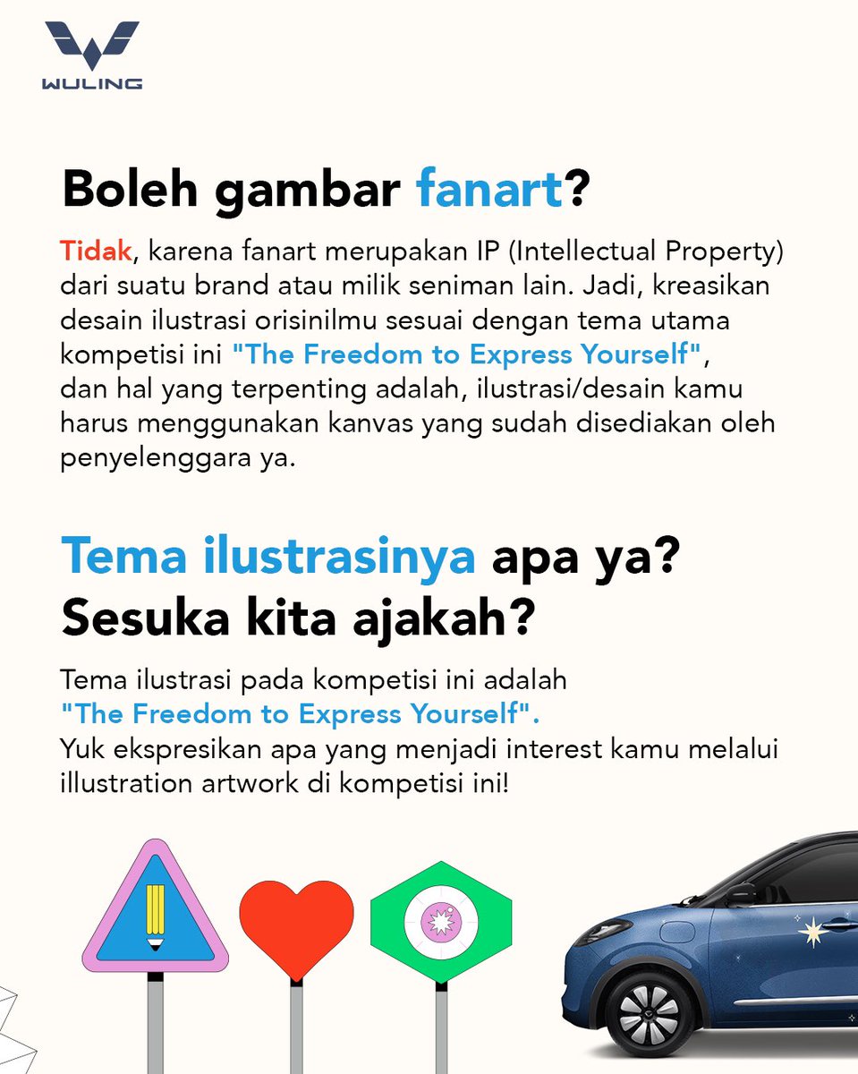 WulingMotorsID's tweet photo. Yuk, buat kamu yang ingin menangin grand prize 1 unit personalized BinguoEV* serta hadiah menarik lainnya, pastikan pertanyaan kamu sudah terjawab ya di gambar di atas ya.
Happy designing, keluarga Wuling!
#YourArtYourIcon #BinguoEVxJICAF #DriveElectricBeTheIcon #BinguoEV https://t.co/F5Ip0FWJiD