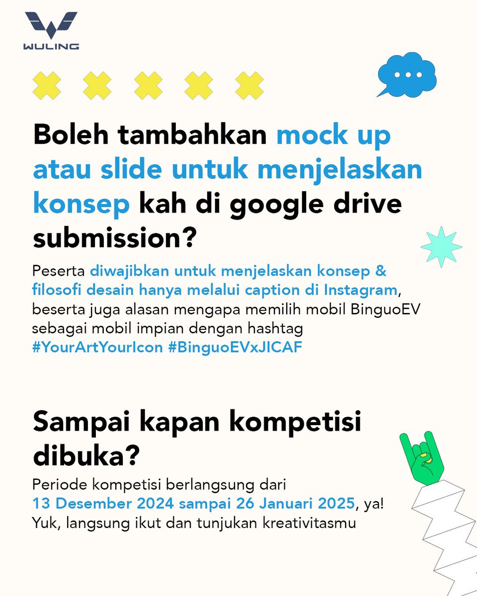 WulingMotorsID's tweet photo. Yuk, buat kamu yang ingin menangin grand prize 1 unit personalized BinguoEV* serta hadiah menarik lainnya, pastikan pertanyaan kamu sudah terjawab ya di gambar di atas ya.
Happy designing, keluarga Wuling!
#YourArtYourIcon #BinguoEVxJICAF #DriveElectricBeTheIcon #BinguoEV https://t.co/F5Ip0FWJiD