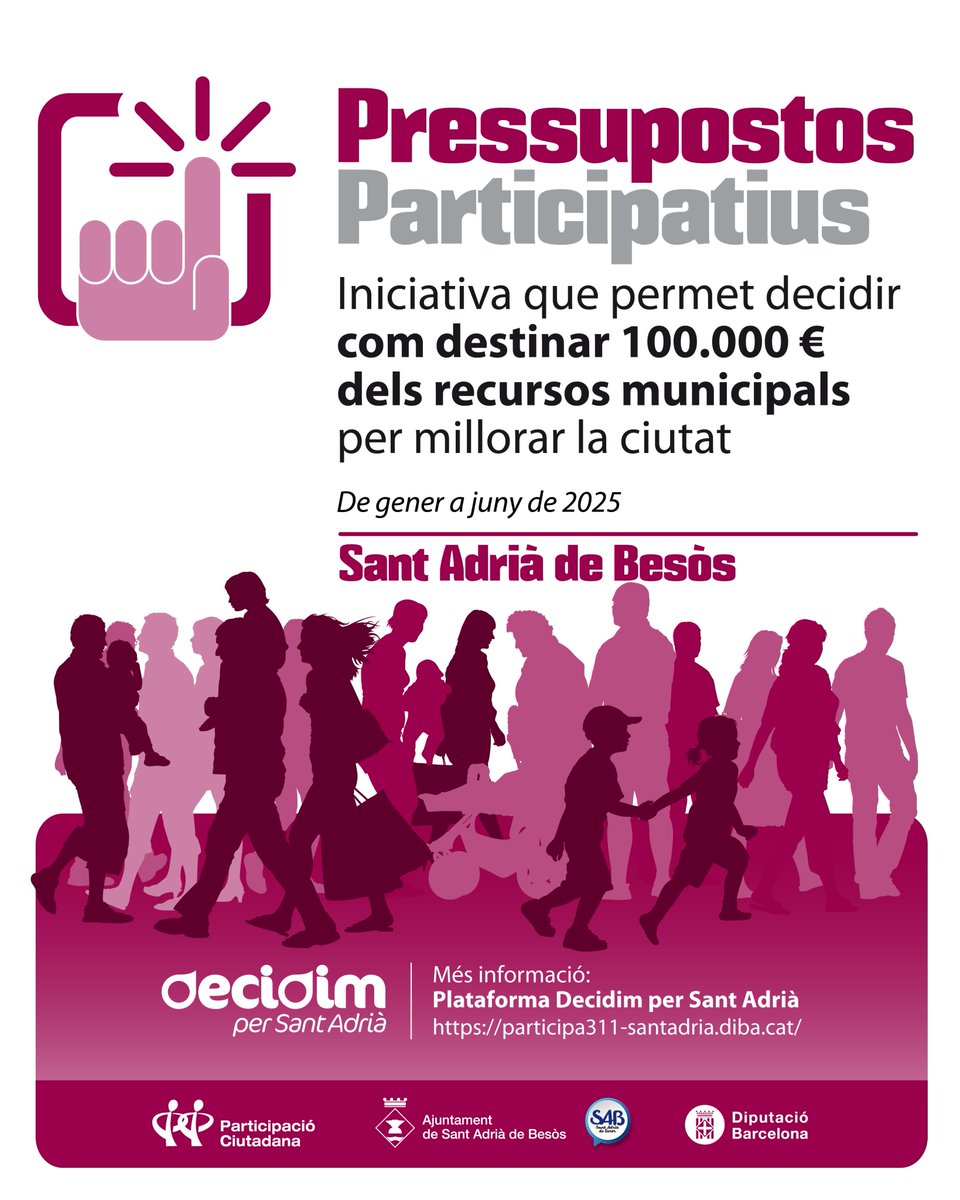 Decidim el futur junts! Amb els Pressupostos Participatius, l'Ajuntament destina 100.000 € per millorar #SAB.

📌 Participa a través de la teva associació veïnal amb idees per a inversions o serveis. Propostes fins a 25.000 €!

🔗 Més info: cutt.ly/YeNB3DyD