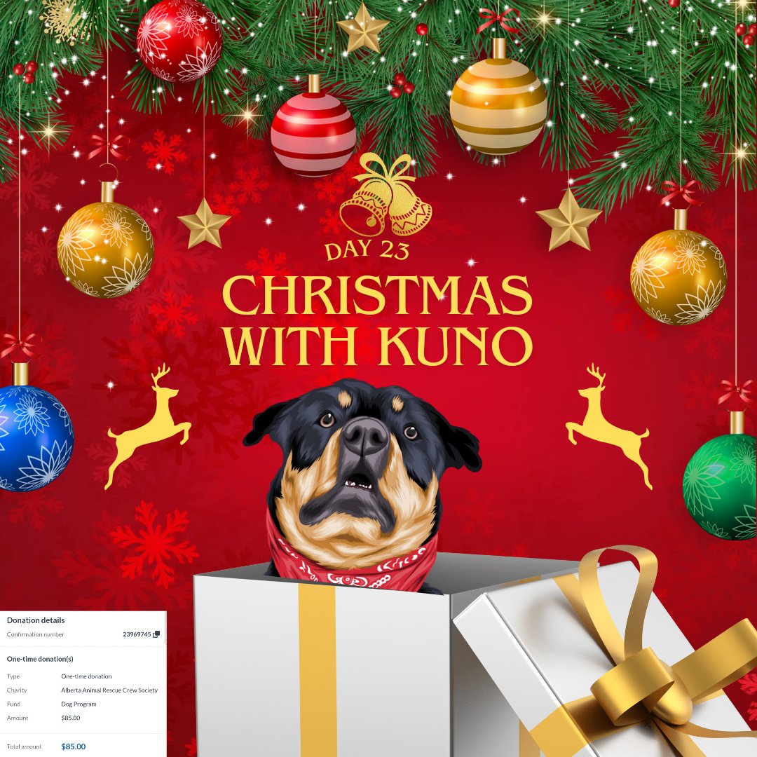 It's day 23 of the #ChristmasWithKuno #CharityAdvent Countdown! Tomorrow is our final Charity. Tonight we're giving a small gift to AARCS, Alberta Animal Rescue Crew Society. 
AARCS is a grassroots animal welfare organization whose goal is to help homeless animals in the