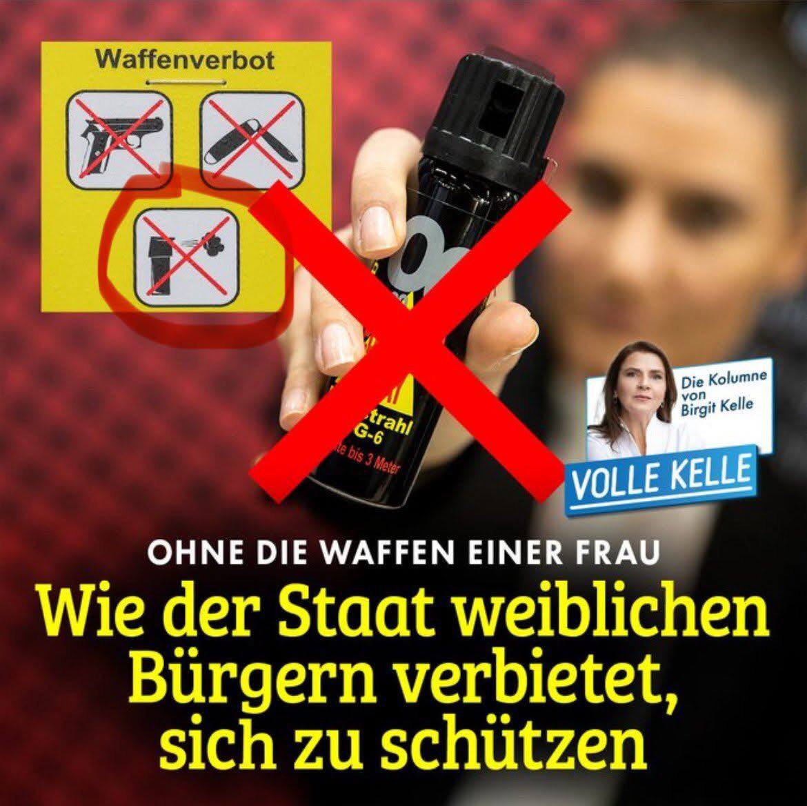 In Hamburg droht Frauen ein Bußgeld von bis zu 10.000 Euro, wenn sie mit Pfefferspray, Elektroschocker oder ähnlichem zur Selbstverteidigung in der Handtasche erwischt werden.

👁 Teilen kann zum Aufwachen beitragen!

Der Staat hat Interesse an einer schutzlosen Bevölkerung...