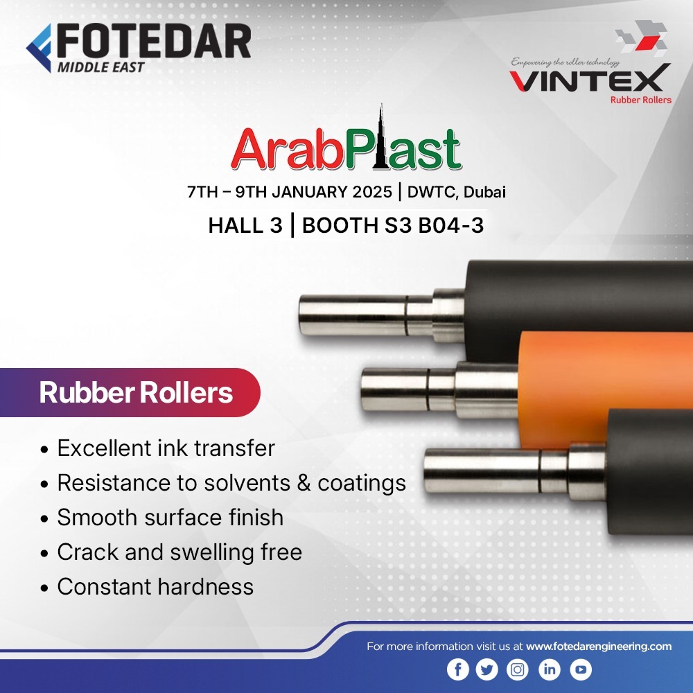 FotedarServices's tweet image. To know more kindly email us at gcc@fotedarengineering.com or visit our website fotedarengineering.com. Visit us at ArabPlast 2025 at Hall 3 Booth S3B04-3.
#flexo #rubberrollers #rollers #flexoprinting #arabplast2025 #DWTC #Dubai