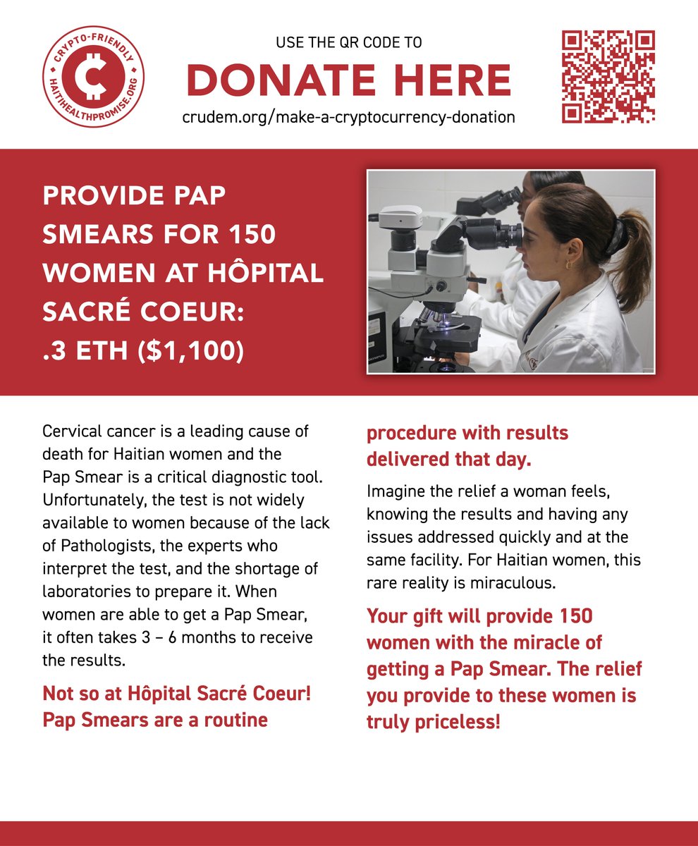 👩‍⚕️ .3 ETH = Pap Smears for 150 Women 👩‍⚕️
Access to specialized care saves lives. Your $ETH can deliver hope and health to northern Haitian women in need. ✨ crudem.org/make-a-cryptoc…
#CryptoForGood <a href="/TheGivingBlock/">The Giving Block</a>