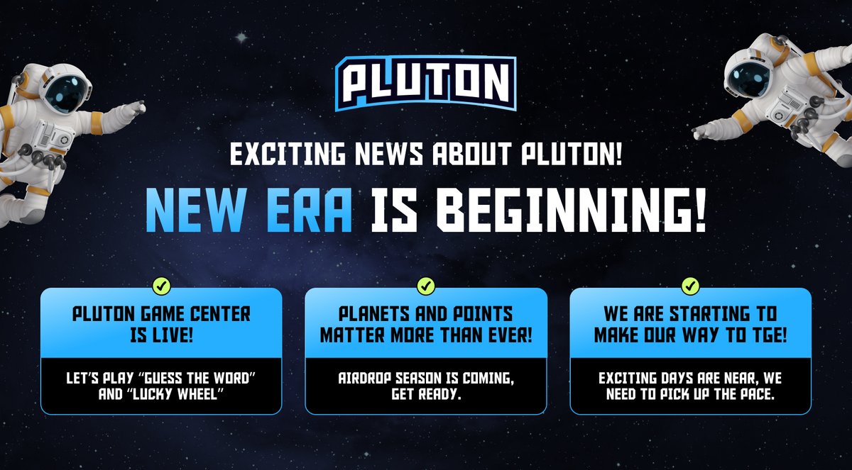 PlutonAIHQ's tweet photo. Hello Plutonians! 🚀

We’ve got an exciting announcement to share with you. A brand-new era is beginning on Pluton, and we're thrilled to unveil the first step in this journey: the Pluton Game Center! 🎮

To kick things off, we’ve added two exciting games:

1️⃣ Guess The Word: Test your skills with three daily attempts to discover the word of the day. Crack the code, and you’ll earn 1 diamond as a reward! 💎 These diamonds are invaluable, as they’ll unlock opportunities in our second game.

2️⃣ Lucky Wheel: Use your diamonds to spin the wheel of fortune and grab incredible prizes! 🎡 These rewards will help you advance faster in your Pluton adventure.

In preparation for the Token Generation Event, we’re temporarily pausing the Pluton Telegram Chat group. But don’t worry—you can stay updated on all the latest news through our Telegram Channel! 📢 https://t.co/theAzDn9W1

⚠️ Reminder: Your current planet and points are more important than ever! Keep tapping, upgrading, and inviting your friends without slowing down. The competition is heating up, and thrilling days are just around the corner.

Let’s continue our cosmic journey together, Plutonians. The stars are calling! 🌌

Get ready to conquer the universe! 🚀✨