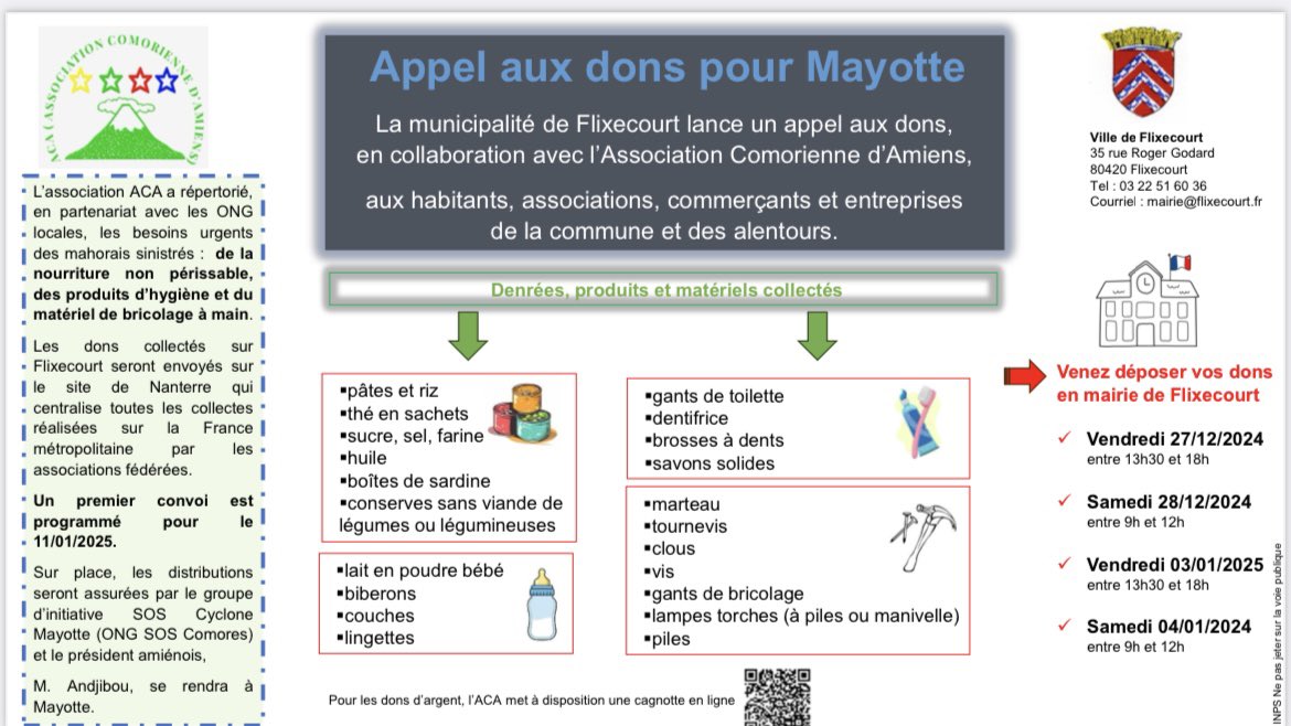 fontainelucien's tweet image. 🌍 Solidarité avec Mayotte 🇾🇹
Merci à la mairie de #Flixecourt pour son soutien à l’AssComorienneAmiens ! Collecte de dons (nourriture, hygiène, bricolage) pour les Mahorais en détresse.

🗓️ Prochaines dates : 27/12, 28/12, 03/01, 04/01 en mairie.
🙏 Donnons ensemble !