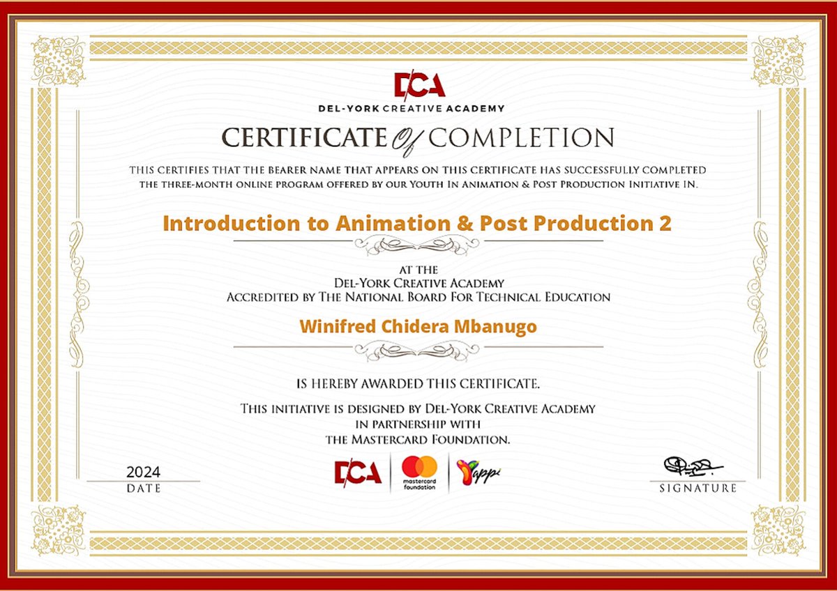 Optimistic_Wini's tweet image. 𝗖𝗘𝗥𝗧𝗜𝗙𝗜𝗖𝗔𝗧𝗜𝗢𝗡 𝗜𝗡 𝗔𝗡𝗜𝗠𝗔𝗧𝗜𝗢𝗡 𝗔𝗡𝗗 𝗣𝗢𝗦𝗧 𝗣𝗥𝗢𝗗𝗨𝗖𝗧𝗜𝗢𝗡 🏅
Winnie transitioned into Tech!
I have successfully completed my online training phase with YAPPI courtesy of the scholarship from Del-York Creative Academy and MasterCard Foundation!
#YAPPI