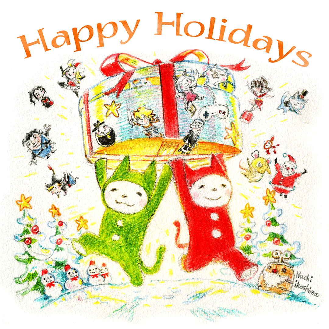 BDFF_OFFICIAL's tweet photo. ＼✨Happy Holidays✨／
あらためまして、浅野チームのデザイナー生島直樹さんのホリデーイラストです☃️

2024年もあと少し。
自分用のプレゼント🎁は何にしますか？
#ブレイブリーデフォルト #オクトパストラベラー #バリアスデイライフ #トライアングルストラテジー #ライブアライブ https://t.co/FuMt6G4KWt