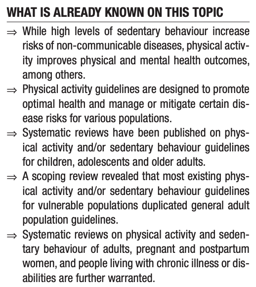 💥 New #Protocol

Comparing and assessing #PhysicalActivity and #SedentaryBehaviour guidelines for different populations with and without chronic conditions and/or disabilities: a systematic review protocol. 

By <a href="/ArumugamAshokan/">Ashokan Arumugam</a> et al. 

Full text ➡️  bit.ly/41LeEBK