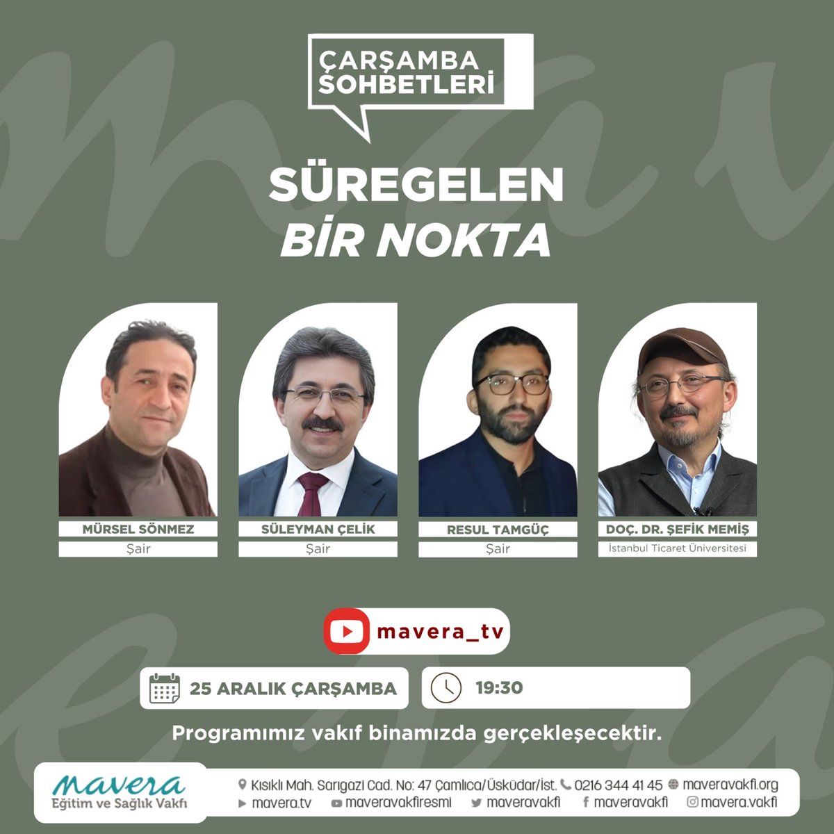 25 Aralık akşamı, <a href="/maveravakfi/">Mavera Eğitim ve Sağlık Vakfı</a> nda daima yolda olan refiklerden "daimî yolculuğu" dinleyeceğiz. Hiç unutmadık: "Hepimiz <a href="/istbirnokta/">İstanbul BirNokta</a> nın çocuklarıyız".