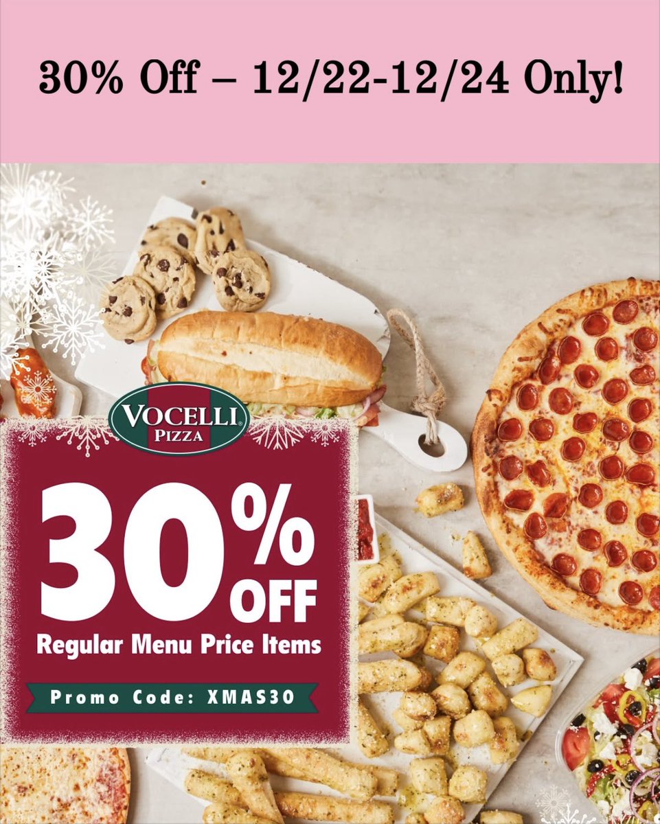 vocellipizzamd's tweet photo. ๐ ๐ HAVE A MERRY CHRISTMAS W/ OUR 30% OFF ONLINE SPECIAL! ยฎ ๐ Use code: XMAS30 . Order at https://t.co/9He7Oqf8oO. We deliver! #vocellipizza #pizza #pasadenamd #twofertuesday #vocelli #delivery #pizzadelivery #carryout #food #pizzalover https://t.co/c4jhfn9k6y