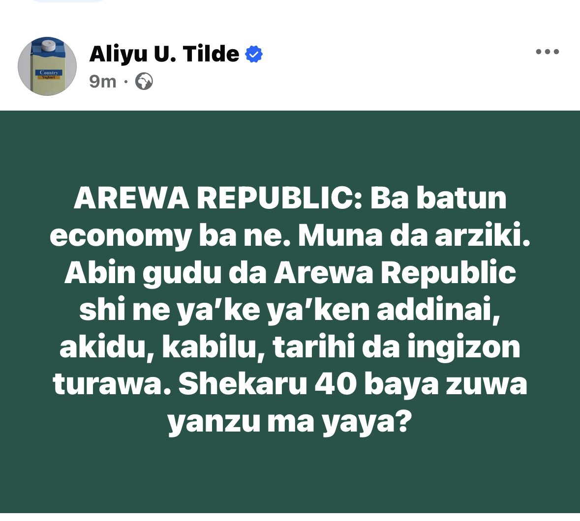 Dr_AliyuTilde's tweet photo. When Boko Haram crisis broke out, it shined my eyes against the utopia of an Arewa Republic. Since then, no matter the provocation or temptation, I argue for one Nigeria. 

You see, every land, more so the rich North, can form a country and survive economically, in theory. My fear of a northern republic is the outbreak of wars along religious, sectarian, tribal and historical lines. 

These fault lines can easily be manipulated by foreigners to instigate perpetual instability in order to exploit our resources as they do in Congo, apart from the internally generated crisis which the fault lines will bring about as in Sudan, Yemen, Lebanon, Libya, Somalia, Afghanistan, Syria, Angola, Uganda, Rwanda, Southern Sudan, Eriteria, etc. 

We are better off in one Nigeria, not for any economic reason but for political stability. The same applies to other regions. The old western and eastern regions cannot be better as independent countries as easily as they think.

Our problem in Nigeria is the parasitic elites who have occupied the leadership space and loot the treasury at the expense of its citizens. Replacing them with a purposeful leadership is what will turn Nigeria into the paradise of our dream. 

Somalis today regret missing their flourishing pre-1990 Somalia. We must not regret missing Nigeria. We have it. Let us make it better, together.