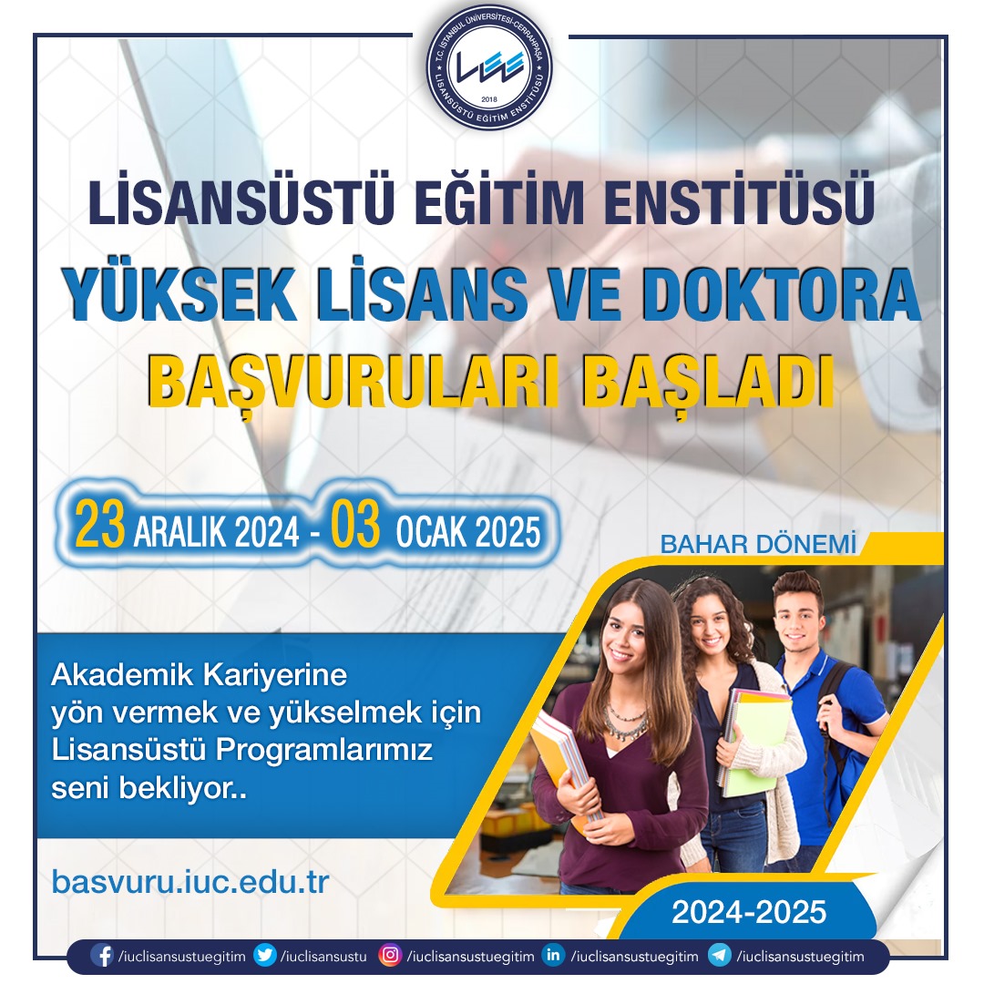 2024-2025 Eğitim Öğretim Bahar Dönemi Başvuruları online olarak 23 Aralık 2024 - 03 Ocak 2025 tarihleri arasında basvuru.iuc.edu.tr adresinden yapılacak olup, Tüm aday öğrencilerimize başarılar dileriz