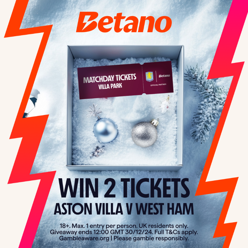 Betano_UK's tweet photo. 𝐁𝐄𝐓𝐀𝐍-𝐇𝐎-𝐇𝐎-𝐇𝐎! 🎄

It's day three and we're giving away 𝐅𝐈𝐕𝐄 𝐏𝐀𝐈𝐑𝐒 of tickets to Aston Villa's FA Cup clash v West Ham! 🎁

To enter:
📲 Follow @Betano_UK
🔁 Share this post
🟠 Have an active Betano UK account

Ends 12pm, Monday 30th.