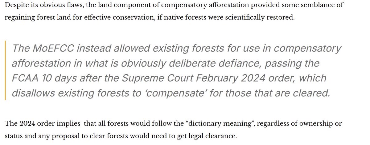 VaishaliRawat's tweet photo. India's forest policies are headed in an utterly mindless direction, citizens pay attention!

Defying 3 SC orders, inc. a Feb '24 SC order upholding challenges to the Forest Conservation Amendment Act, the centre has allowed using existing forests for compensatory afforestation. https://t.co/2Cjf9ZcDdR