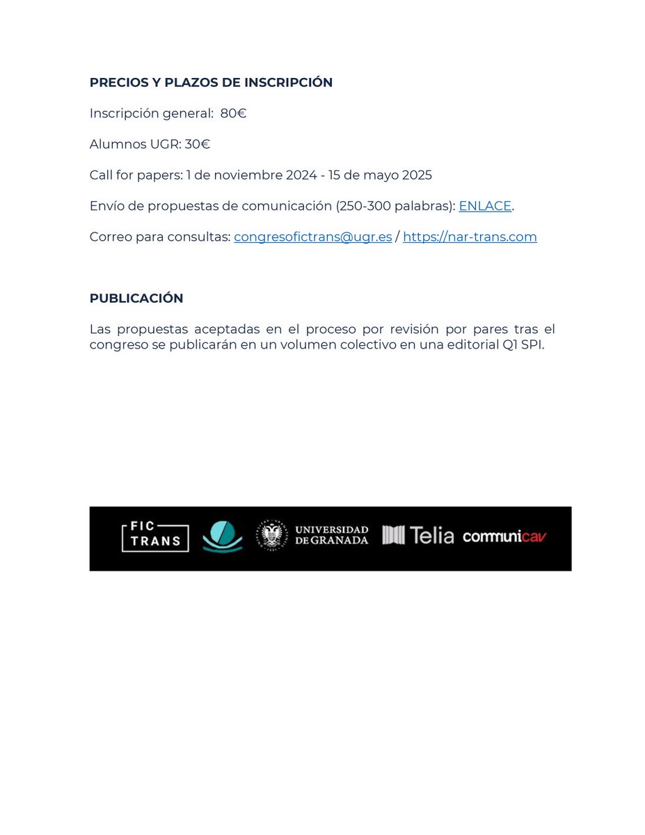 ASETEL. Asociación Española Teoría Literatura (@asetelteoria) on Twitter photo #CFP📢
Los días 5-7/11/2025 tendrá lugar el CONGRESO INTERNACIONAL FICTRANS (<a href="/Transmedia_UGR/">Proyecto FicTrans</a>): "CONTRA MATRIX: ENCUENTROS CONTEMPORÁNEOS SOBRE MOVILIDAD EN LAS FRONTERAS DE LA FICCIÓN" en la UGR.
Envío de propuestas abierto hasta el 15/05/2025: shorturl.at/IS8iZ. #CFP📢
Los días 5-7/11/2025 tendrá lugar el CONGRESO INTERNACIONAL FICTRANS (<a href="/Transmedia_UGR/">Proyecto FicTrans</a>): "CONTRA MATRIX: ENCUENTROS CONTEMPORÁNEOS SOBRE MOVILIDAD EN LAS FRONTERAS DE LA FICCIÓN" en la UGR.
Envío de propuestas abierto hasta el 15/05/2025: shorturl.at/IS8iZ.