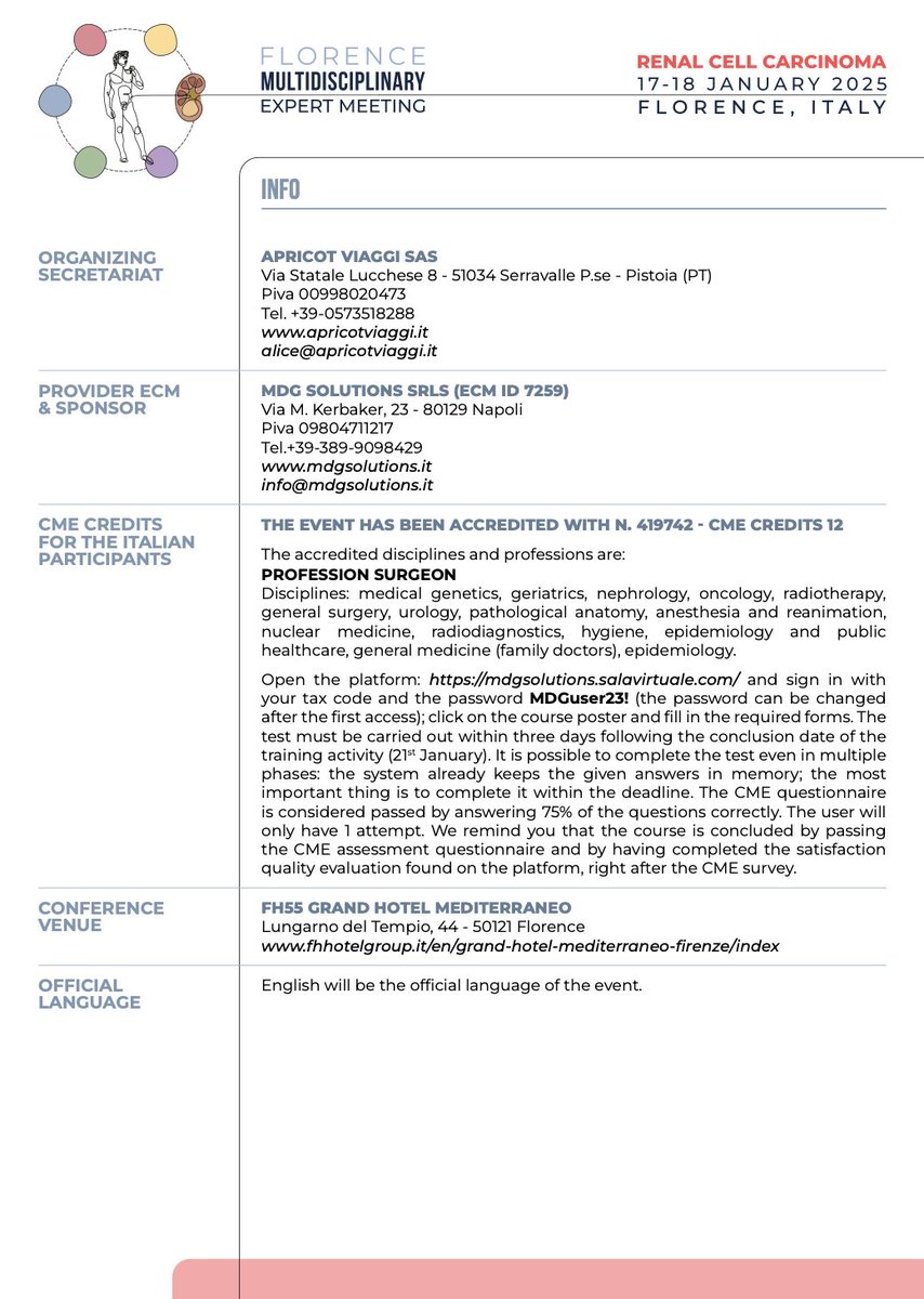 Florence Multidisciplinary Expert Meeting on RCC (@flo_exp_rcc_25) on Twitter photo π On 17-18 January 2025 we will host the first edition of the Florence Multidisciplinary Expert Meeting on Renal Cell Carcinoma.
Scientific Program πtinyurl.com/5n7h469s
π¬The meeting has been designed by the <a href="/AOUCareggi/">Azienda Ospedaliero-Universitaria Careggi</a> Urologic Multidisciplinary Tumor Board to allow a π On 17-18 January 2025 we will host the first edition of the Florence Multidisciplinary Expert Meeting on Renal Cell Carcinoma.
Scientific Program πtinyurl.com/5n7h469s
π¬The meeting has been designed by the <a href="/AOUCareggi/">Azienda Ospedaliero-Universitaria Careggi</a> Urologic Multidisciplinary Tumor Board to allow a
