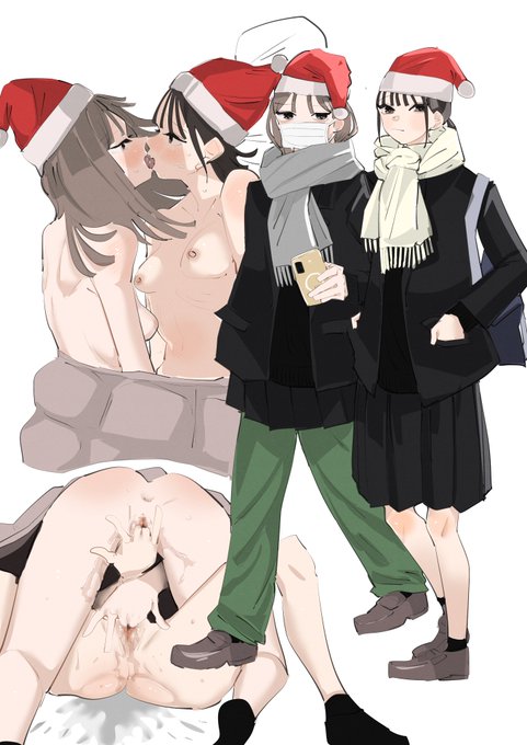 クリスマスパーティー帰りでサンタ帽子を取るタイミングを失ってるJKカップル 