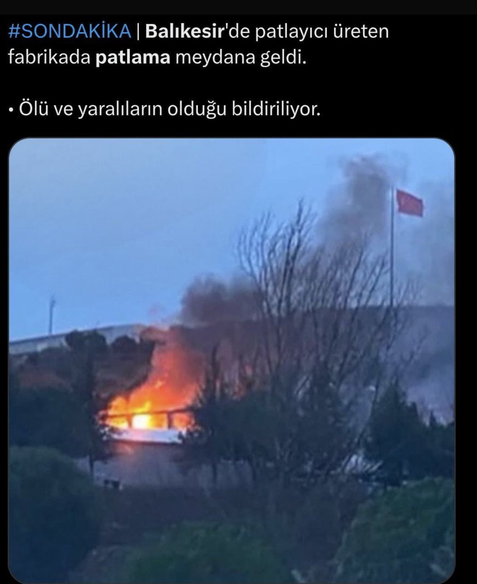 Balıkesir'in Karesi ilçesinde patlayıcı üretim fabrikasında meydana gelen patlamada hayatını kaybeden çalışanlara Allah'tan rahmet, yakınlarına baş sağlığı, yaralılara ise acil şifalar diliyorum.