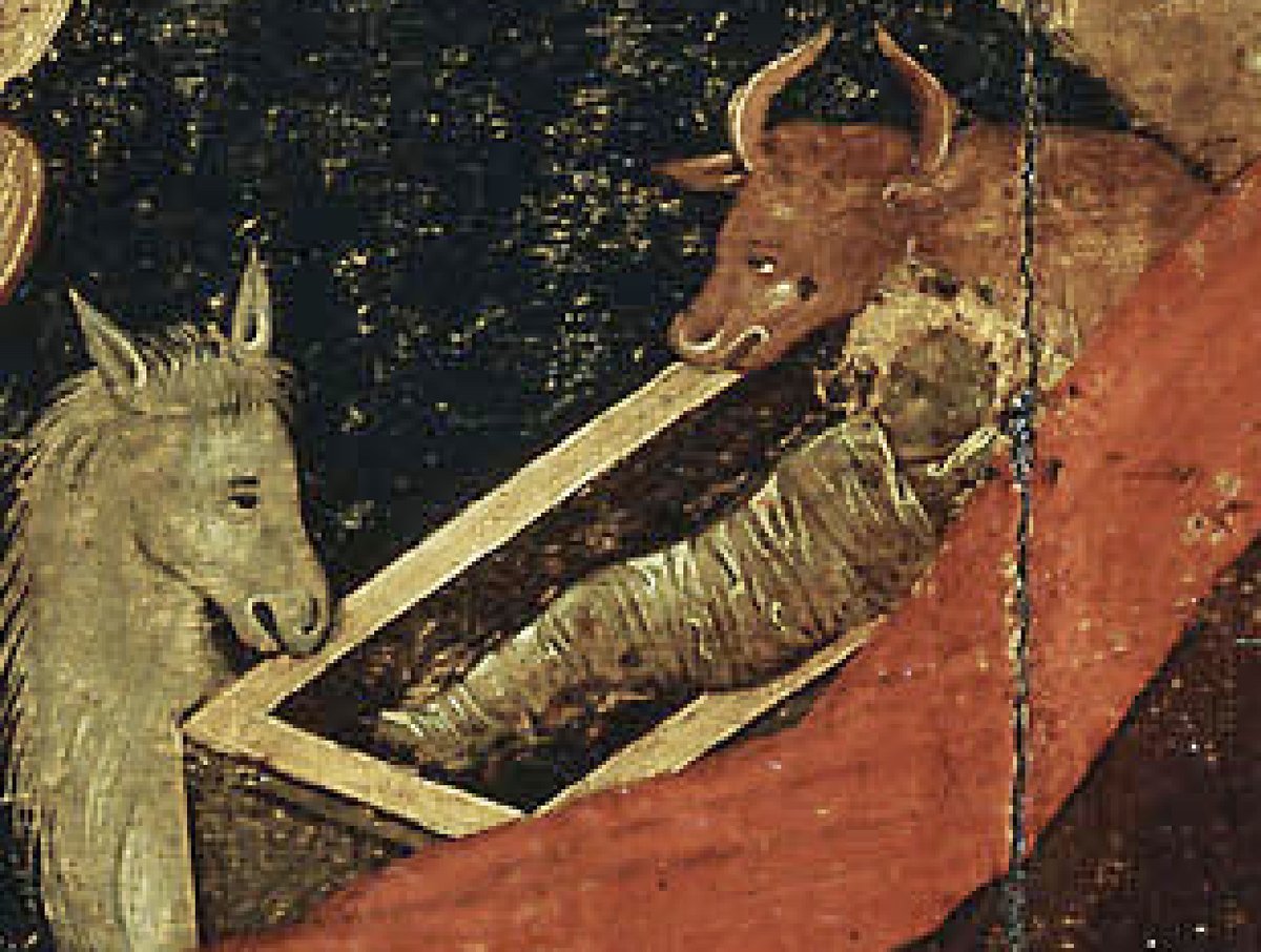 De todas las representaciones del nacimiento de Jesús en la historia del arte, una de mis favoritas es esta en la que aparece el niño Jesús amortajado, en un ataúd, y que es obra de un santo pintor. Te lo explico en un hilo... #FelicesPascuas