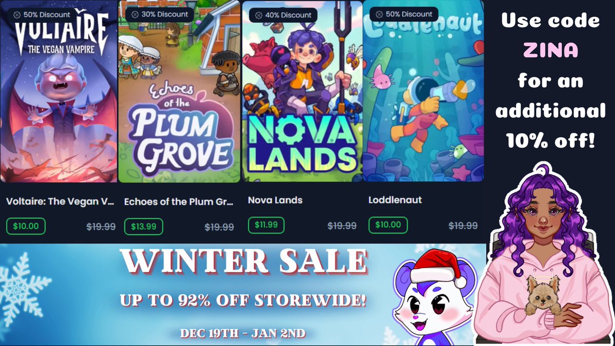 zina (mokaboba) 🧋💜 (@mokabobacat) on Twitter photo 💜 the <a href="/Lets_Playsum/">Playsum - Gamer Community</a> winter sale is live!
🎮 here are a few games i have or am planning on buying!
🔗 click here to check out the rest of the sale: bit.ly/playsumwinters…
🧋 please remember you can use code ZINA for an additional 10% off!
❄️ happy holidays, friends! 💜 the <a href="/Lets_Playsum/">Playsum - Gamer Community</a> winter sale is live!
🎮 here are a few games i have or am planning on buying!
🔗 click here to check out the rest of the sale: bit.ly/playsumwinters…
🧋 please remember you can use code ZINA for an additional 10% off!
❄️ happy holidays, friends!