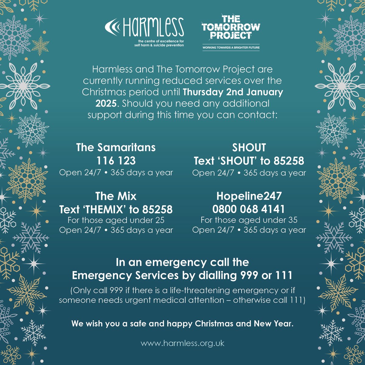 Harmless and The Tomorrow Project are currently running reduced services over the Xmas period. Please see the image below detailing services that you can use during this time. We will reopen fully on Thursday 2nd January 2025. We wish you a safe and happy Christmas and New Year.
