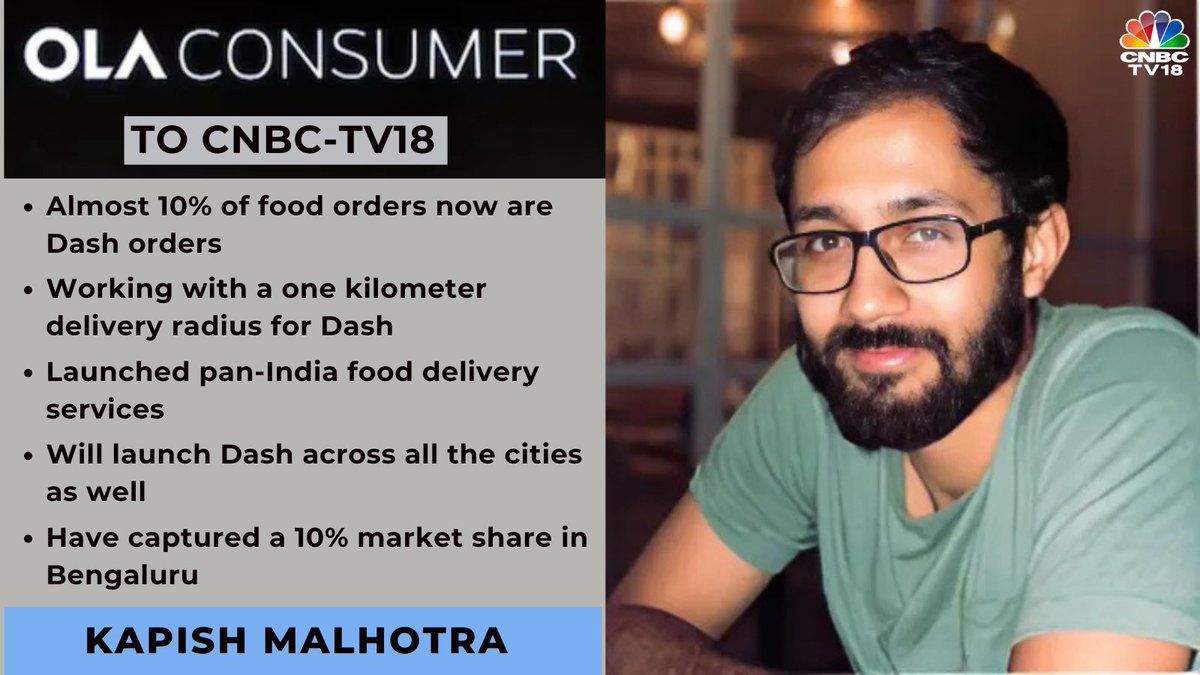 CNBCTV18Live's tweet photo. Have captured a 10% market share in #Bengaluru. Will launch Dash across all the cities as well, says Kapish Malhotra, Ola Consumer To CNBC-TV18 

#OlaConsumer https://t.co/svN9yqW7xt