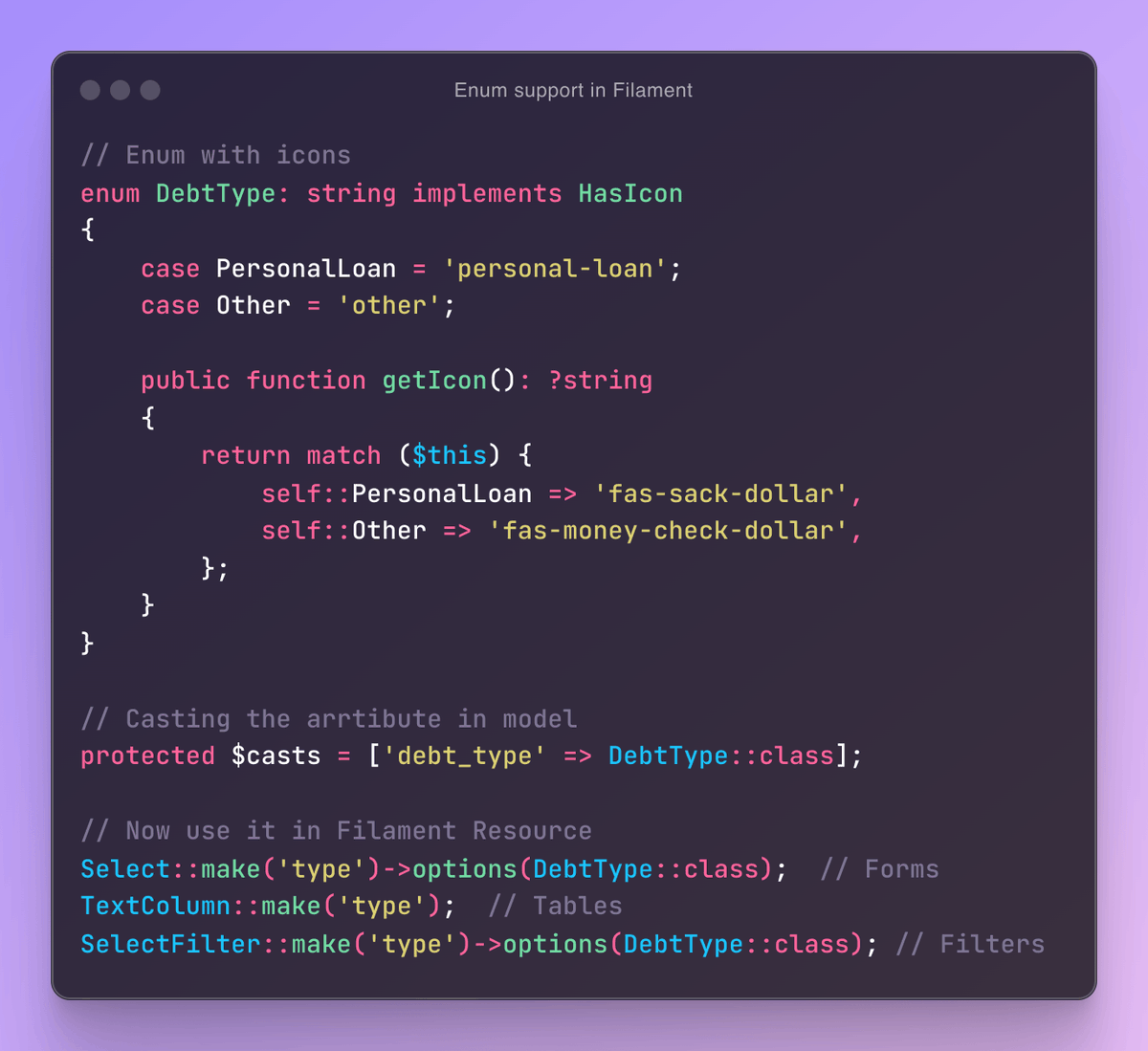 Filament 3 has full PHP Enum support for its resources and filters.
#filament #php #laravel