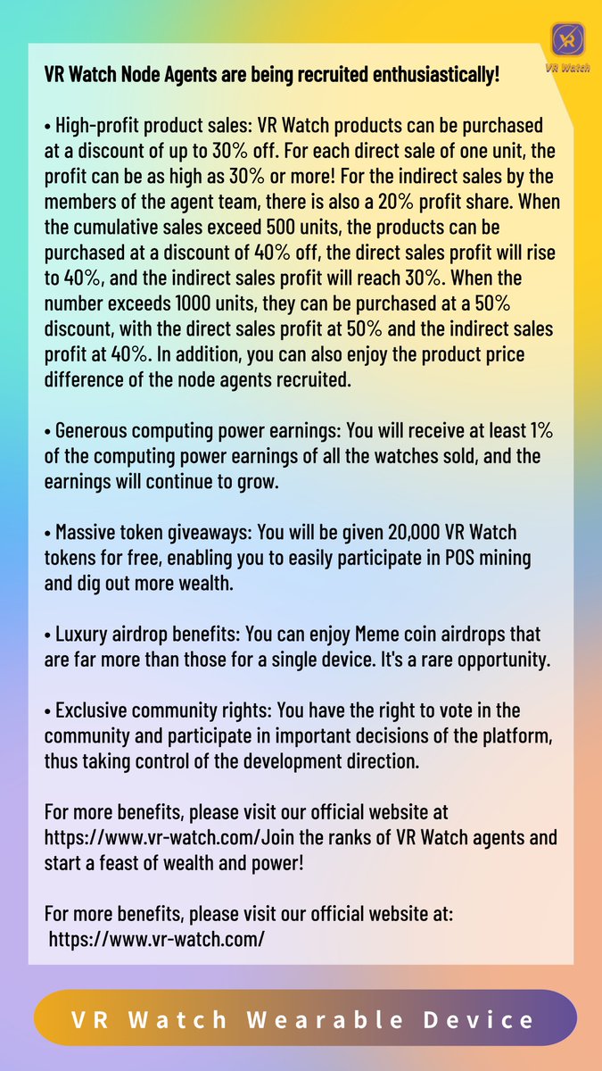 VRWatch_Web3's tweet photo. 👉VR Watch Node Agents are being recruited enthusiastically!
🧐For more benefits, please visit our official website at https://t.co/XQpuhHUmHM https://t.co/Q2s4n5tghg