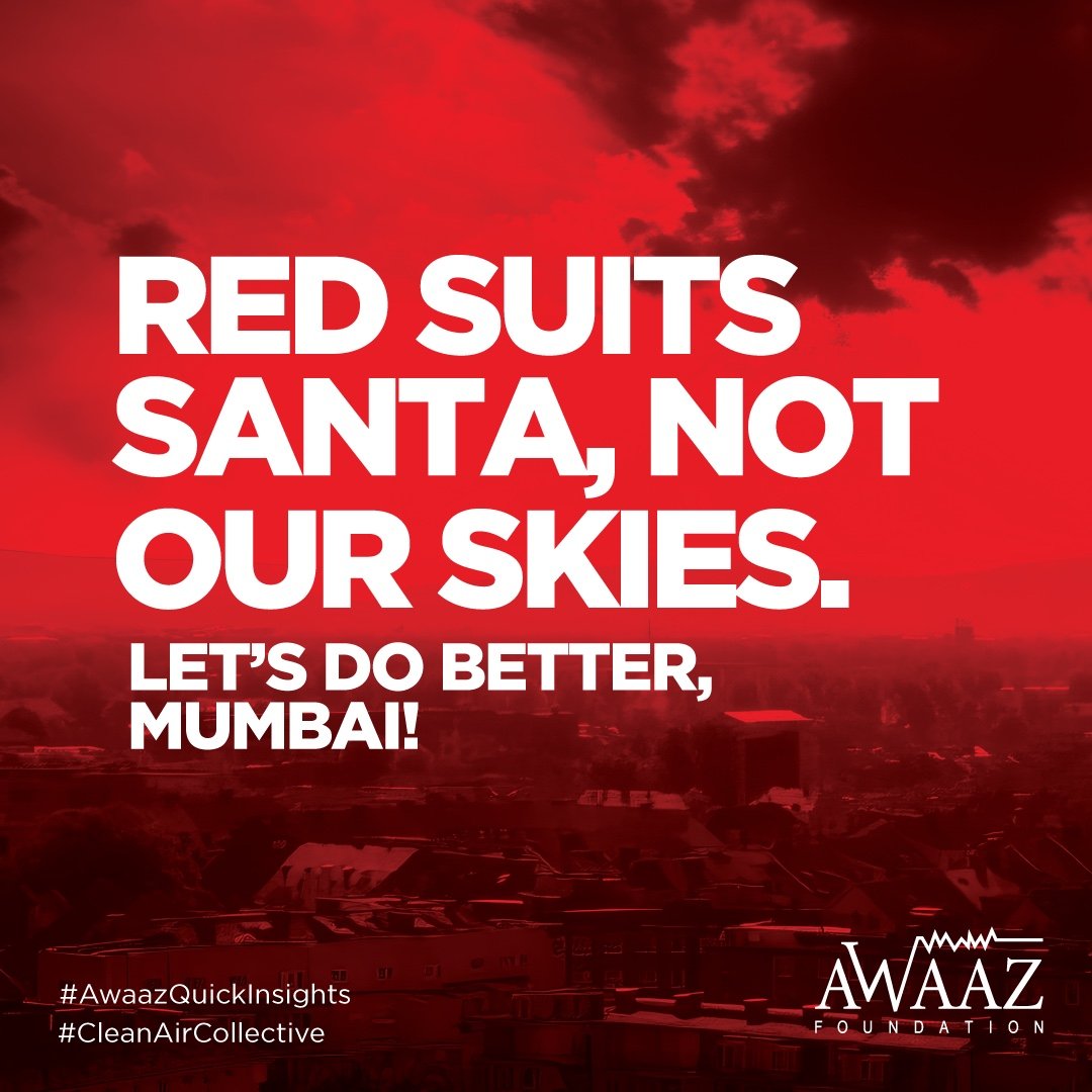 sumairaabdulali's tweet photo. Red suits Santa’s suit, but it’s not the color we want for our skies. This festive season, let’s focus on clearing the air for a healthier, happier Mumbai. Together, we can make the city shine brighter—without the haze.
#AwaazQuickInsights #CleanAirCollective @mybmc https://t.co/e7HkAT3bjA