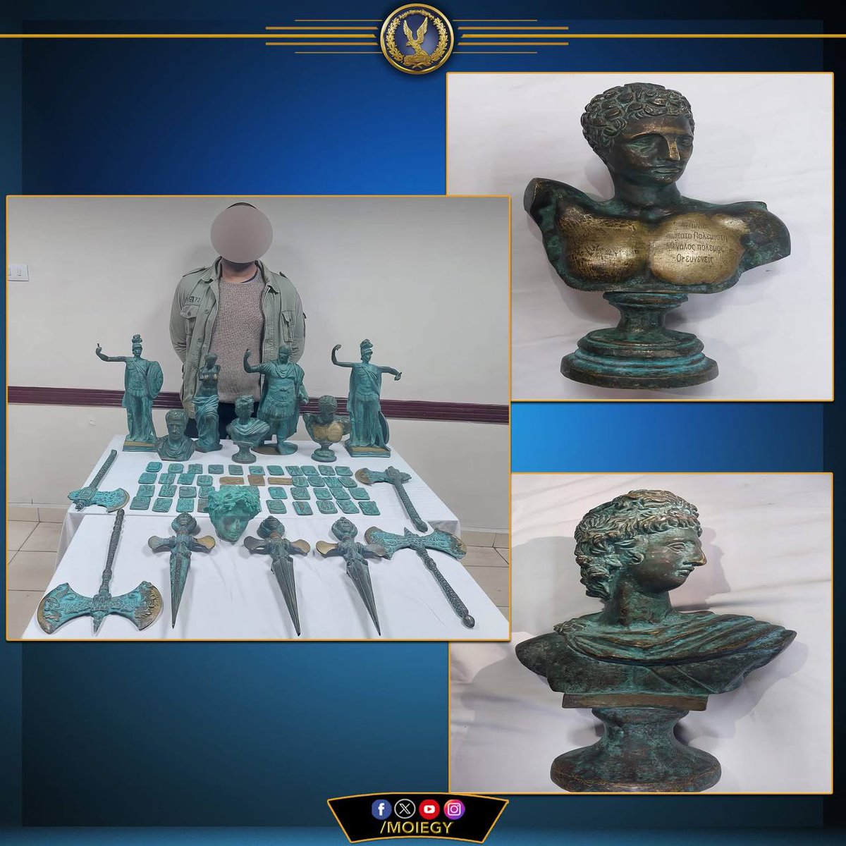 VojislavF's tweet photo. Two people arrested in Egypt for taking 448 artifacts from the bottom of the Mediterranean Sea and trying to sell them

According to the Egyptian Ministry of Internal Affairs, the artifacts include 53 figurines with various images, 3 busts, 12 bayonets with human heads, 14 bronze bowls, 41 axes, 20 bronze artifacts and 305 coins.

Underwater in Abu Qir Bay is the sunken ancient city of Heraclion, which scientists believe was built around the 8th century BC. It went under water about 1,200 years ago, and now the remains of the city are under water at varying depths of up to 45 meters. Archaeologists discovered it in 2000.

-----
My comment - Some pieces could be fake.