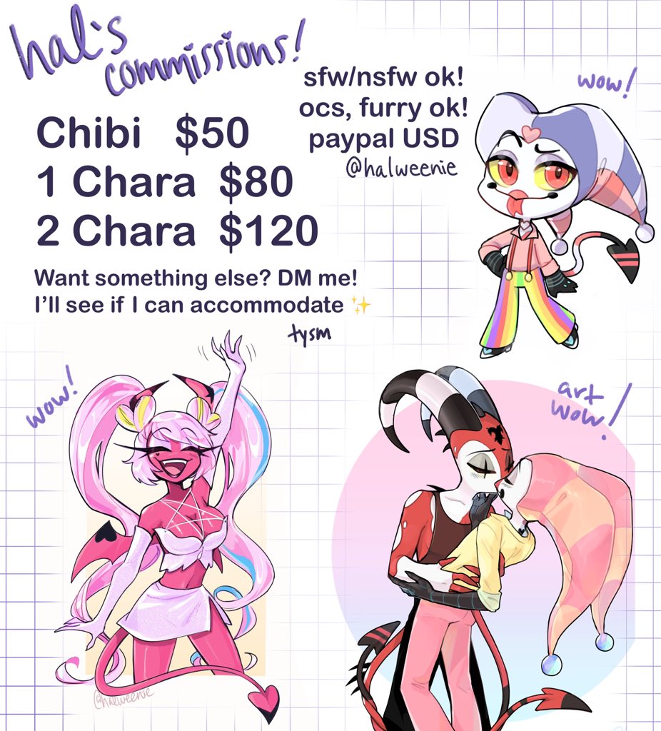 💜 COMMISSIONS ARE OPEN 💜

pls dm if interested! sharing very appreciated ✨

my sketch by donation/tip jar is also still open if that suits your fancy ✨ link below

ps. doesn’t have to be helluva boss, i just accidentally chose all examples from it LOL ok bye thank you mwah