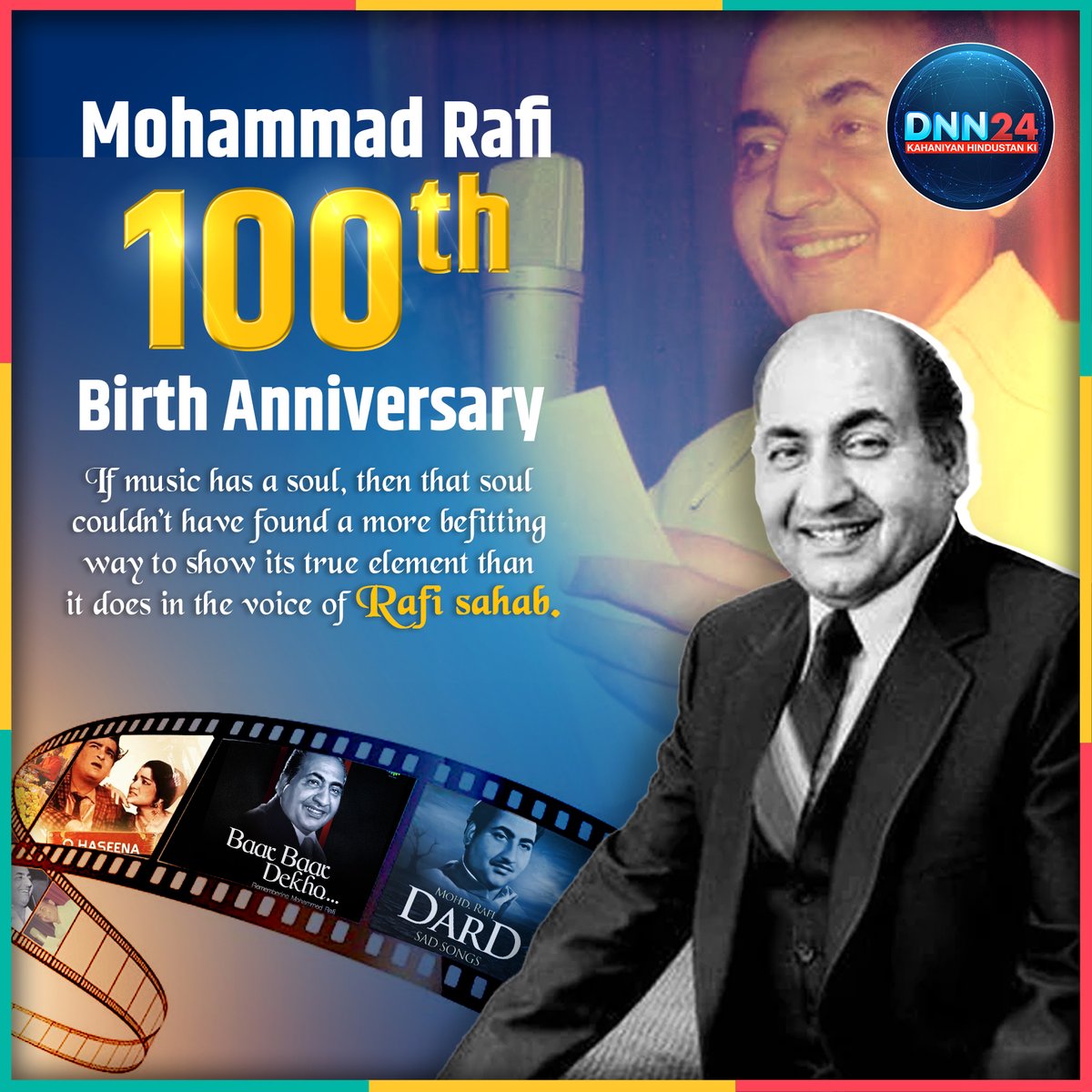 Dnn24Network's tweet photo. Happy 100th Birth Anniversary to the incomparable Mohammed Rafi! His melodies have woven themselves into the fabric of our lives, bringing joy and nostalgia to countless moments.
#MohammedRafi #rafisong #RafiSahab #Rafi #RafiJayanti #Shayar #Harmony #Brotherhood #Peace #NationalIntegrity #DNN24