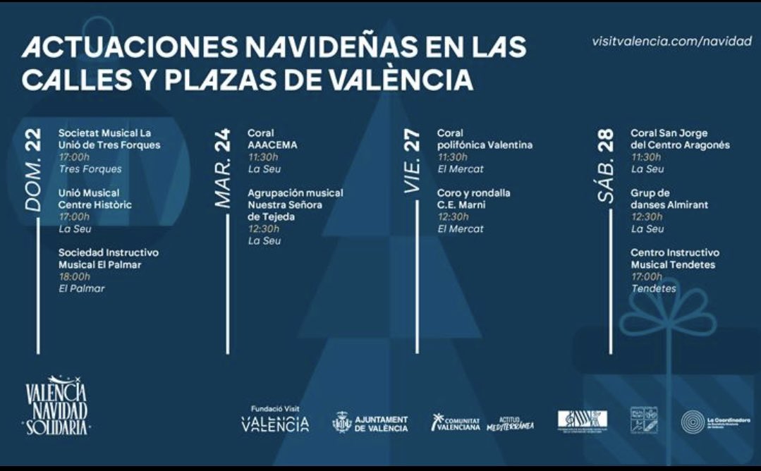 Hoy estaremos en la plaza de la Reina junto con la <a href="/orquestaTejeda/">orquesta Tejeda</a> y nuestro director <a href="/elmusicjr/">JOSE RAMÓN PEINADO</a> llevando la Navidad a nuestra ciudad a través de nuestro <a href="/AjuntamentVLC/">Ajuntament València</a> y <a href="/FundVisitVal/">Fundació VisitValència</a> <a href="/PaulaLlobet/">PAULA LLOBET</a> #villancicos #nadalsolidari