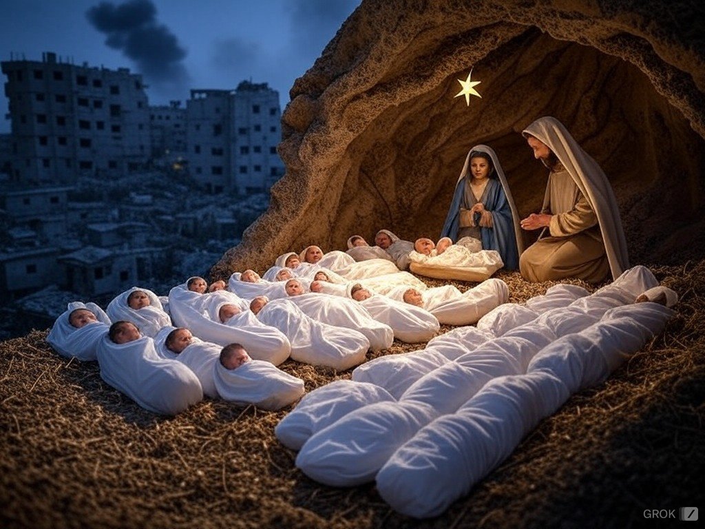 fawollo13's tweet image. Per la strage degli innocenti si calcola che quel criminale infaticida di Erode fece uccidere tra i 20 ed i 30 bambini, solo i primogeniti e quelli maschi. Duemila anni dopo, il democratico liberale di Netanyahu, ne ha trucidati 20000. Per il momento. Buon Natale. #Gaza #Gesù