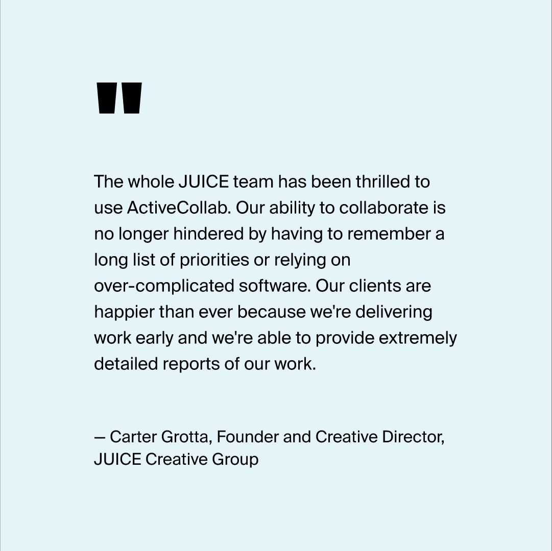 activecollab's tweet image. Thanks to everyone on the @juice_cg team for choosing us. We're glad you're happy with ActiveCollab💫