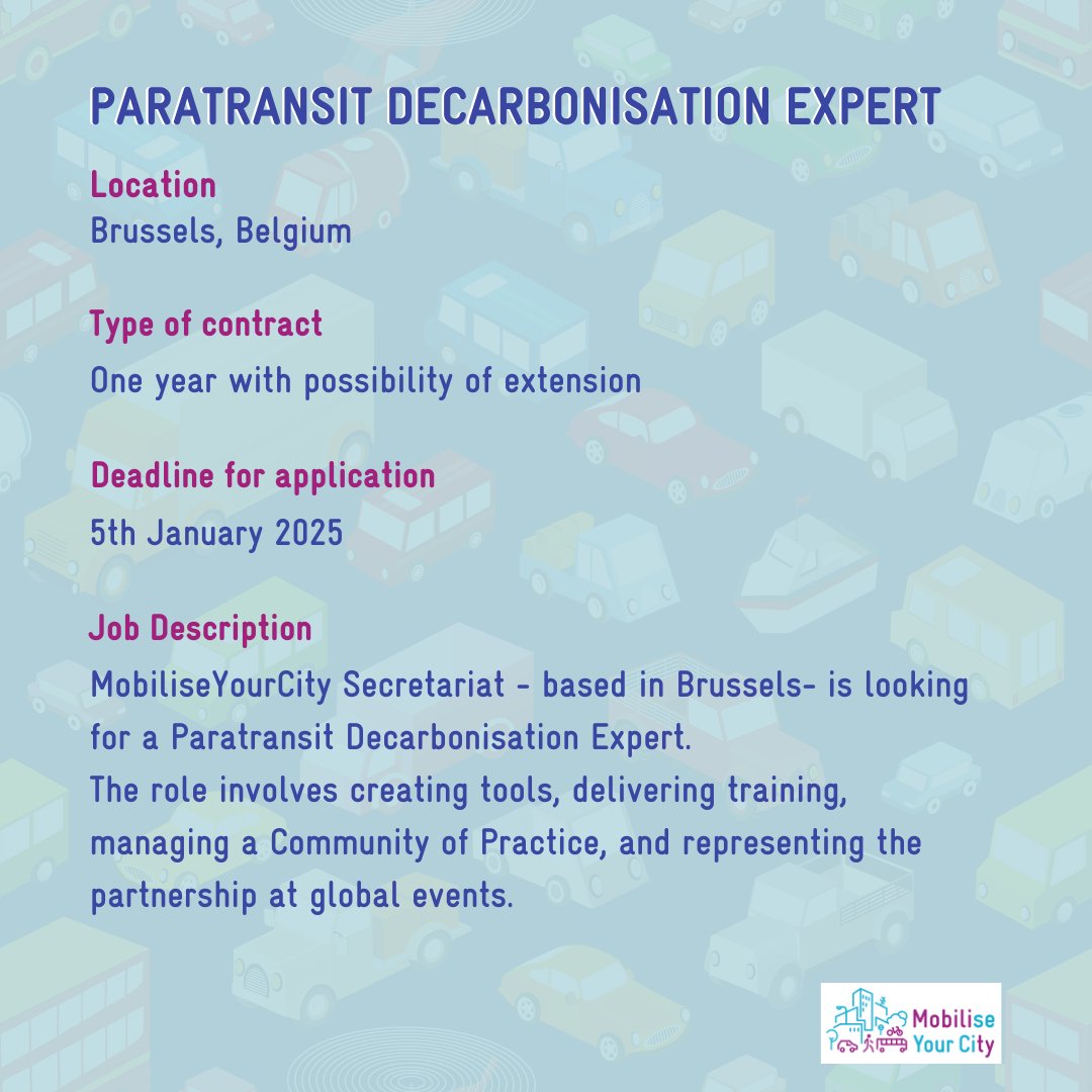 As the year begins, weremindg you of an exciting opportunity to join our Brussels team in 2025! 

MobiliseYourCity is looking for a 𝐏𝐚𝐫𝐚𝐭𝐫𝐚𝐧𝐬𝐢𝐭 𝐃𝐞𝐜𝐚𝐫𝐛𝐨𝐧𝐢𝐬𝐚𝐭𝐢𝐨𝐧 𝐄𝐱𝐩𝐞𝐫𝐭! Find all the details here 🖇️ lnkd.in/ggrKSPwW