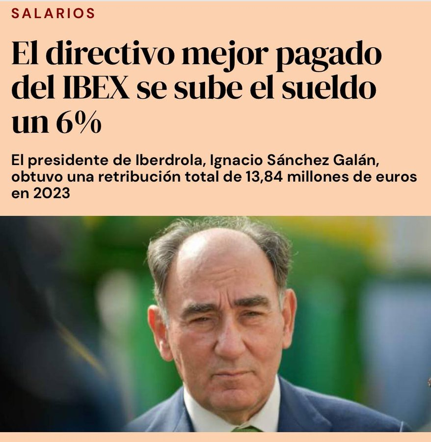 JulenBollain's tweet photo. Ignacio Sánchez Galán, presidente de Iberdrola, ganó 13,83 millones de euros en 2023 👇🏽

1.152.500€ al mes.
38.417€ al día.
1.601€ a la hora.

¡1.601€ cada hora! Es decir, gana en una hora más de lo que gana un trabajador de Iberdrola en todo un mes. ¿No es vergonzoso? https://t.co/QKfvM3ke0D