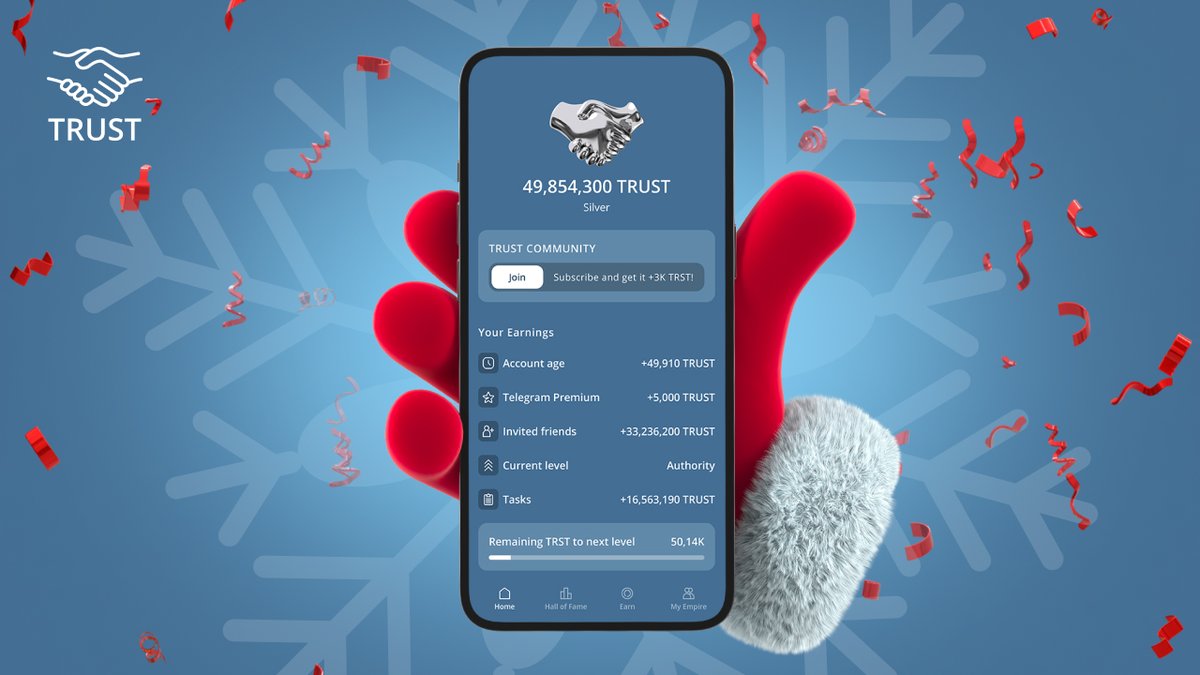 TRST_Empire's tweet photo. 🎄✨ Dear friends, we wish you a #MerryChristmas  and #HappyNewYear! The #TRUST team sincerely thanks each of you for an amazing year.

🔥 2024 was absolutely on fire for TRUST:

July: We launched the app and reached 100K players within the first 48 hours 🚀

August: We introduced the Hall of Fame, a multi-level referral program, new language versions, the Wheel of Fortune, and #TON wallet integration.

September: We launched several Safe Quests with rewards of 25,000 TRUST coins, added real prizes in TON and USDT to the Wheel of Fortune, and introduced booster cards.

We're just getting started! 💪 Next year will bring even more epic updates and exciting opportunities for all our early adopters.

🌟 Thank you for being with us. May 2025 be a year of growth and success for each of you — in #Crypto, gaming, and life. Stay active, healthy, and happy! The best is yet to come 🚀

#happynewyear2025 #happyholidays