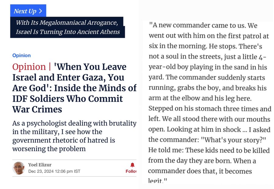CN: Extreme violence on a child  

So, yes. While the liberal Western press simpers &amp; equivocates, we have a liberal Israeli newspaper report on incidents in turn reported by soldiers.  A Palestinian child's limbs broken by a 'commander' after which its stomach is stomped on.