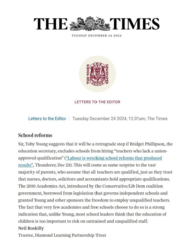 NeilRoskilly's tweet photo. The 2010 Act allowed non-qualified teachers into #FreeSchools and academies. But parents largely unaware. Few schools take that risk, but @toadmeister thinks it's okay. Not sure what he would make of an unqualified surgeon or accountant. @SianGriffiths6 @thetimes @MuddyStilletos https://t.co/Euc2Jo67wG