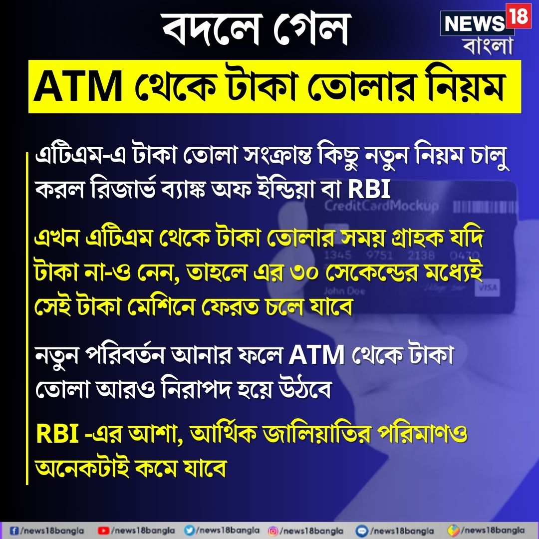 News18Bengali's tweet photo. ATM Transaction | এভাবে আর টাকা তুলতে পারবেন না গ্রাহকরা ! বদলে গেল ATM থেকে টাকা তোলার নিয়ম, জেনে নিন RBI -এর নির্দেশিকা
সবিস্তারে https://t.co/Q5PkvjvBF1
#ATM #ATMTransaction #RBI #NewRules #News18Bangla https://t.co/RsUnL7Yl3y