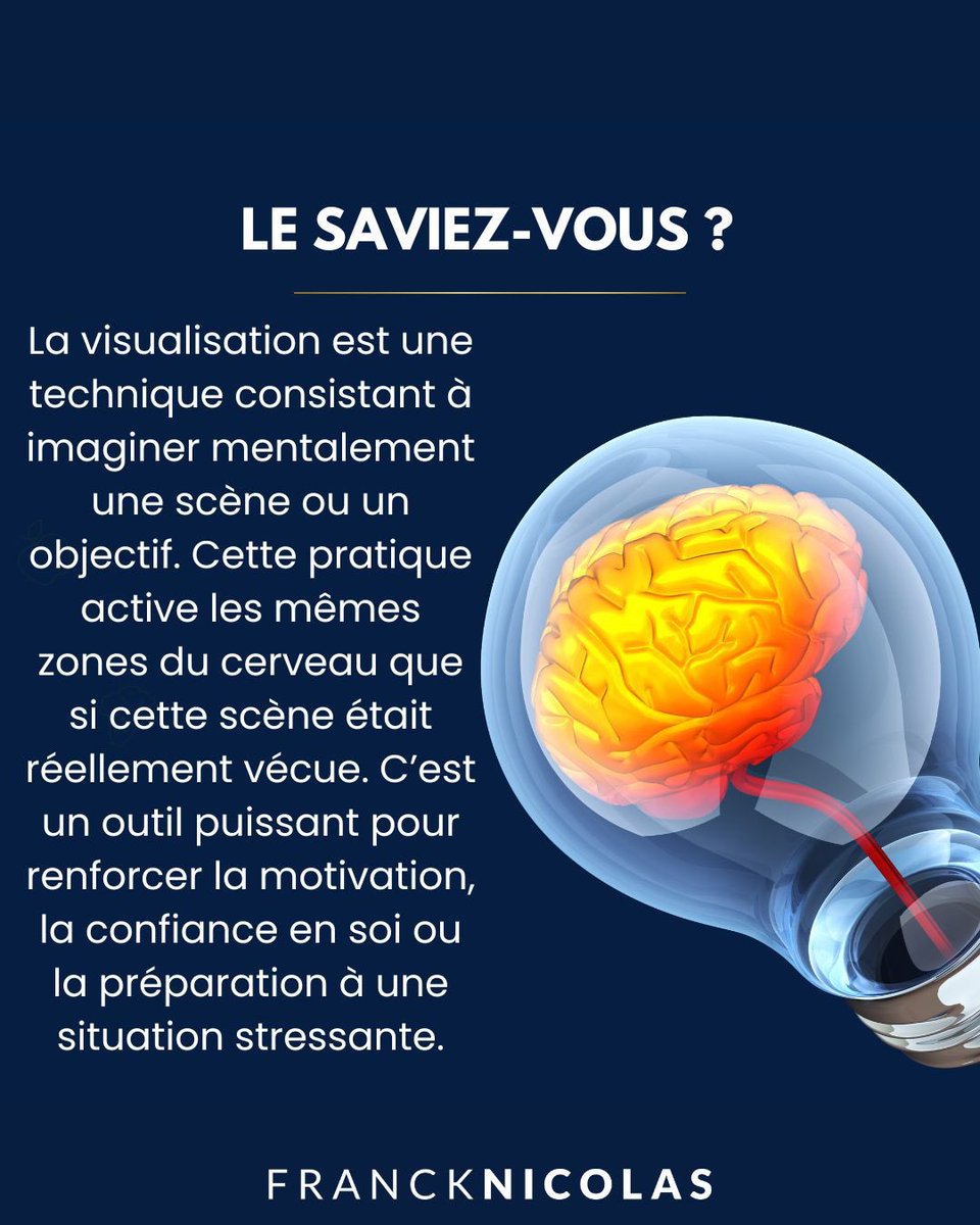 🧠 Quand tu t’imagines en train de vivre une scène ou d’atteindre un objectif, ton cerveau ne fait pas la différence entre ce que tu visualises et ce que tu vis réellement. 

Tu actives exactement les mêmes zones de ton cerveau, celles liées à l’action et aux émotions.