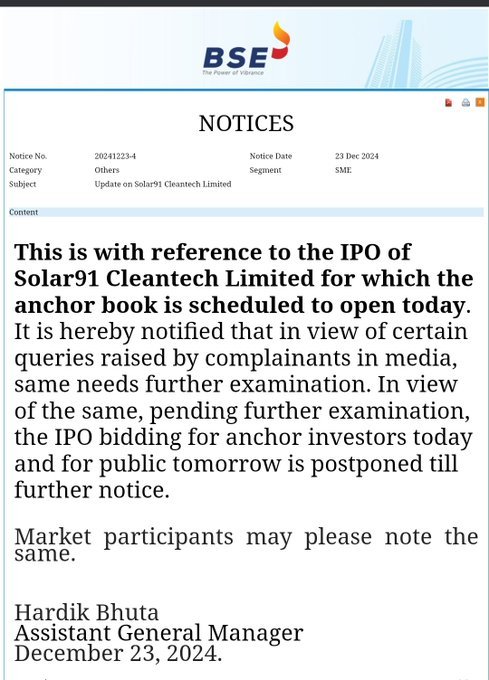 UnlistedXChange's tweet image. IPO Delayed / Postponed. 

Solar91 BSE SME IPO postponed

#Solar91 #BSESMEIPO #SMEIPO #Ipoalert #IPOAlerts #IPOs.