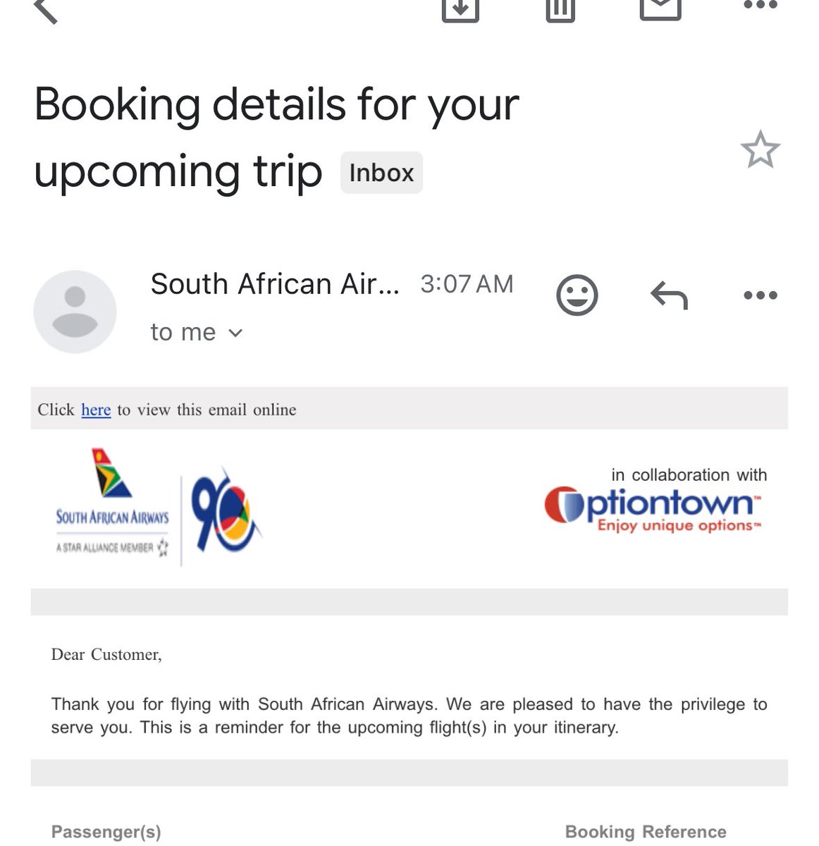 Razia_P's tweet photo. @flysaa_care just want to check that you have a partnership with Option Town? Always worry when I get emails at this time of the morning and the @flysaa  logo  &amp; emails looks a bit suspect. https://t.co/a1DHMwWR4t